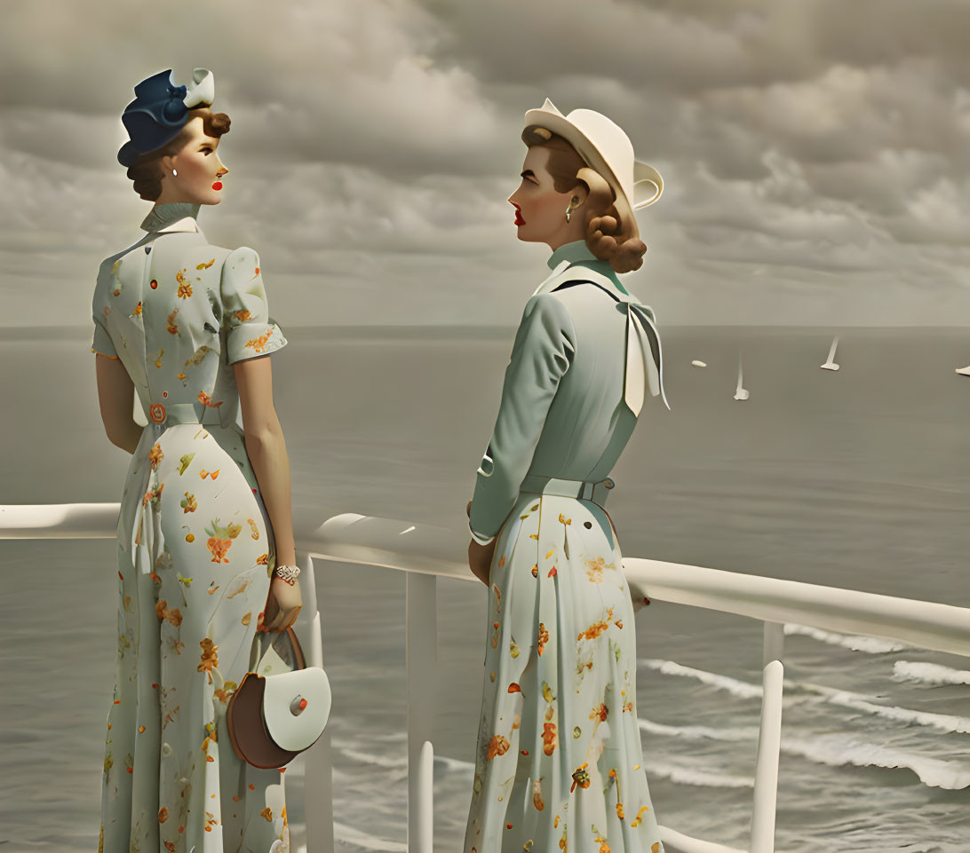 Vintage Attire Women by Sea with Seagulls