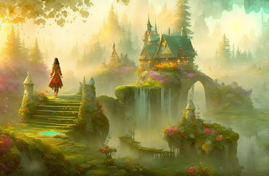 Girl in red cloak climbs stone steps to magical castle in lush forest