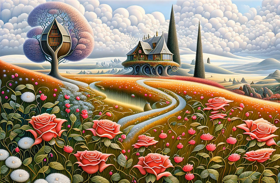 Whimsical landscape with winding path, quaint cottage, oversized roses, cloud-filled sky