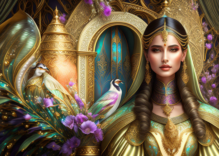 Illustrated Woman in Ornate Gold Jewelry with Birds in Luxuriant Setting