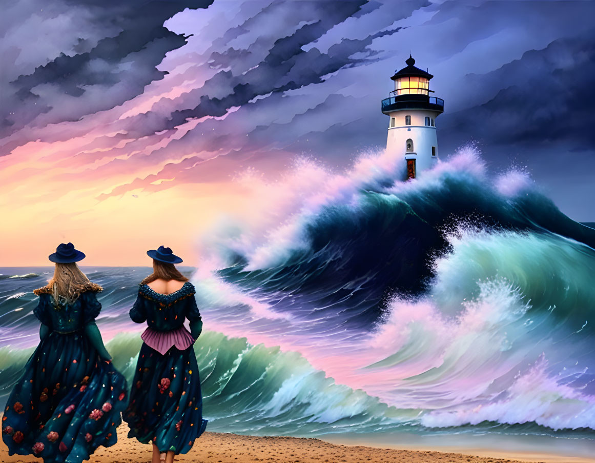 Vintage-dressed women by lighthouse under dramatic sunset with giant wave