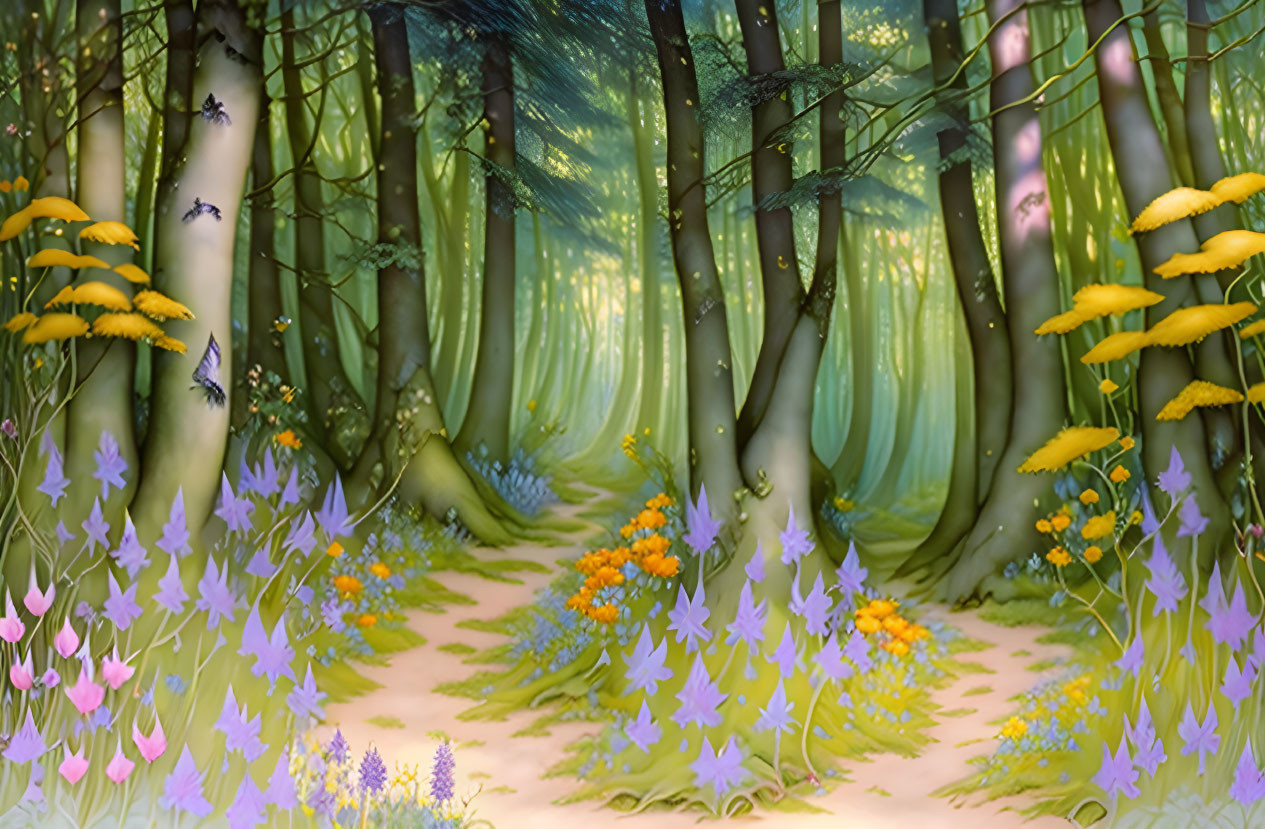 Lush Enchanted Forest with Colorful Flowers and Towering Trees