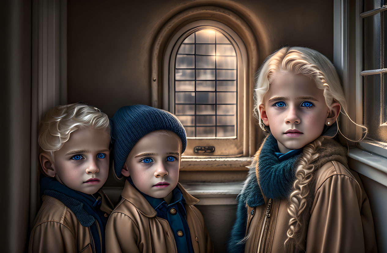 Three children with blue eyes in coats by round window with grid: mysterious and intense.