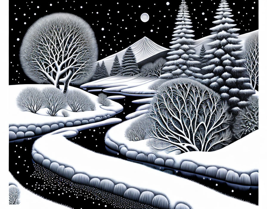 Monochromatic winter landscape with snow-covered trees and full moon