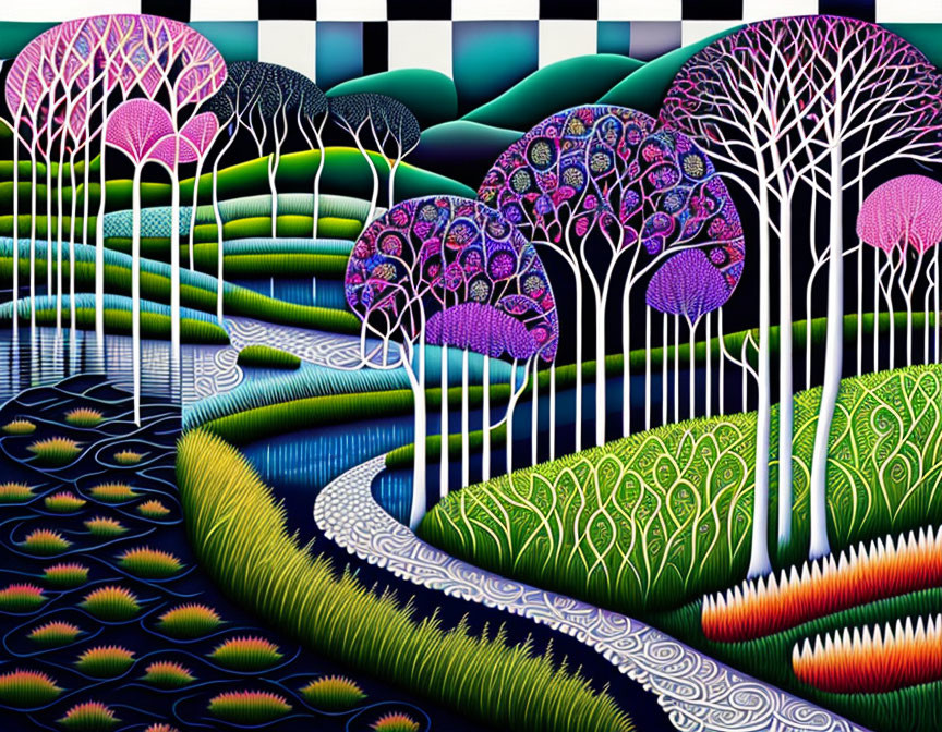 Colorful Psychedelic Landscape with Stylized Trees and Patterns