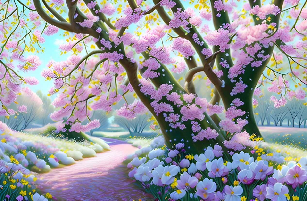 Pink blossoming trees and colorful flowers in a glowing spring landscape