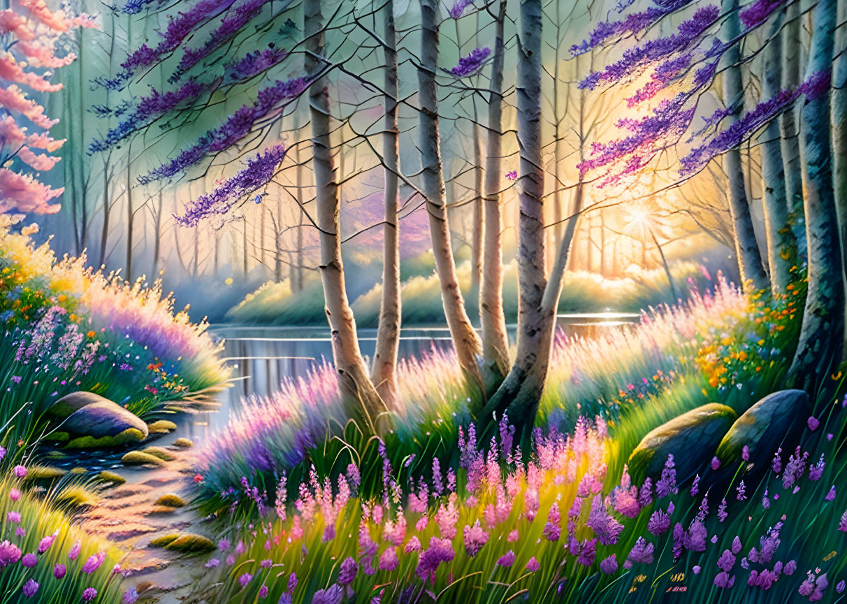 Tranquil forest scene with purple and pink flowers and sunlit birch trees