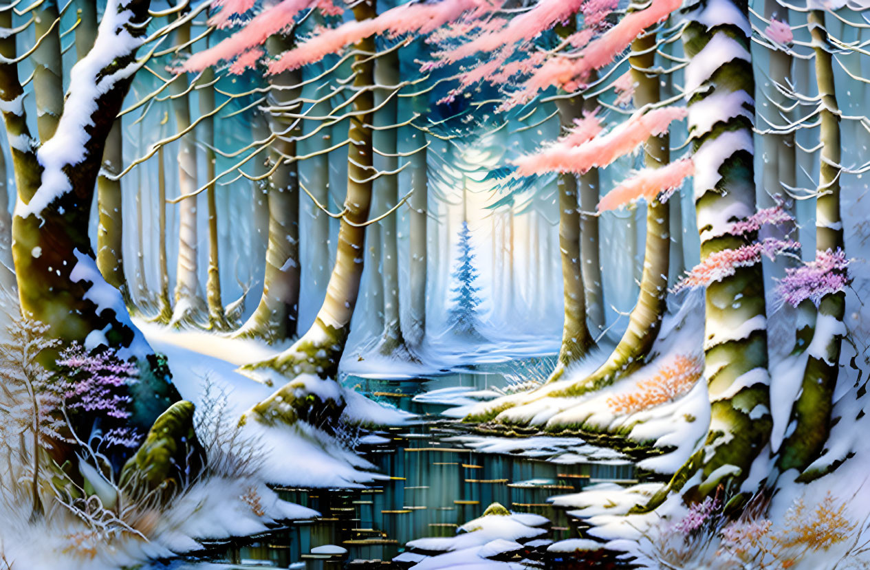 Snow-covered winter forest with stream, sunlight, and pink flora