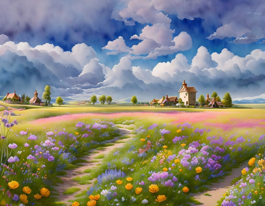 Vibrant flower field painting with cloudy sky and distant village.