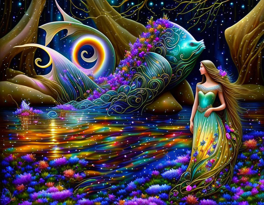 Colorful fantasy illustration: woman, large fish, swirling patterns, starry backdrop, flower-speck