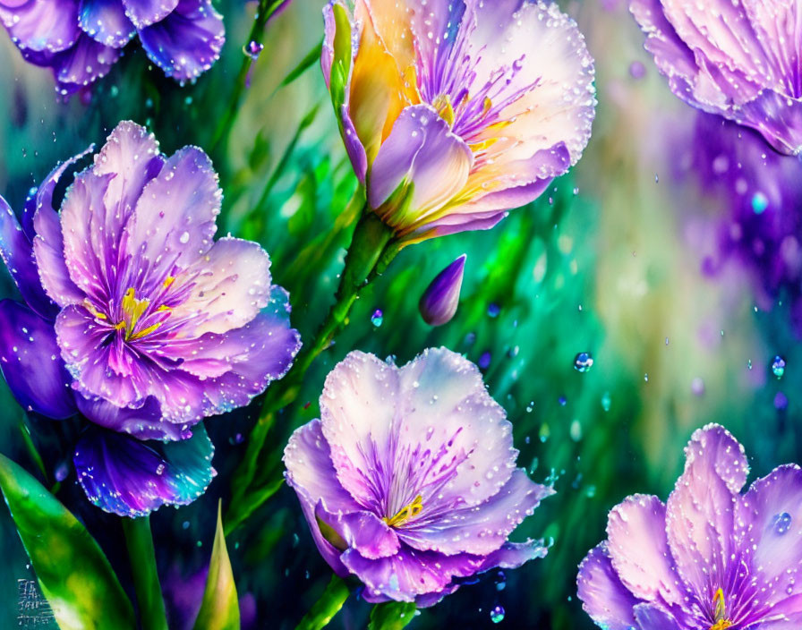 Vibrant purple flowers with water droplets on petals and green background