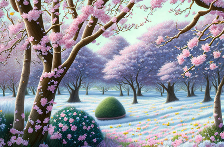 Tranquil landscape with cherry blossoms, mixed flowers, and green shrub