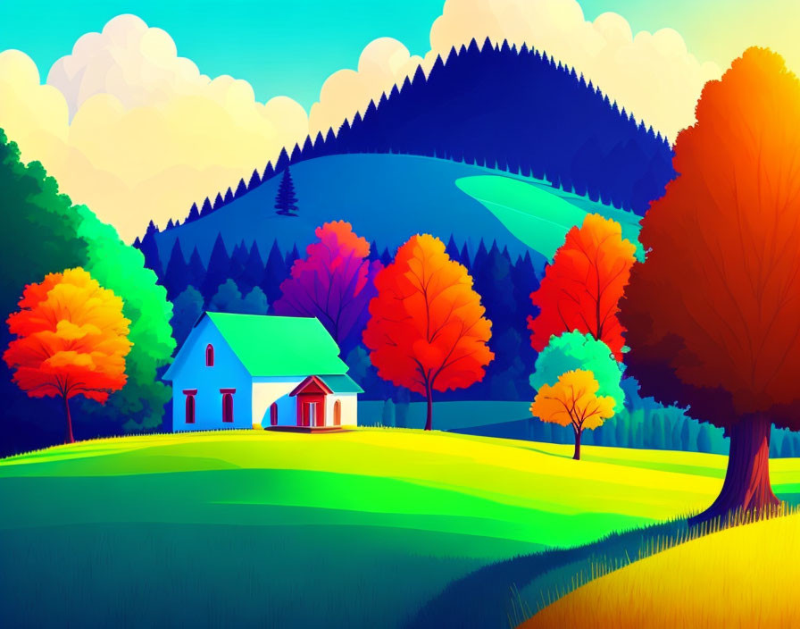 Colorful countryside scene with white house, trees, hills, and mountain under blue sky