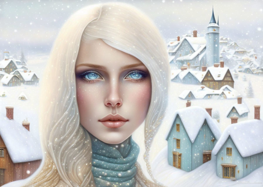 Digital illustration: Pale skin, blue eyes, white hair person in snowy village with castle.