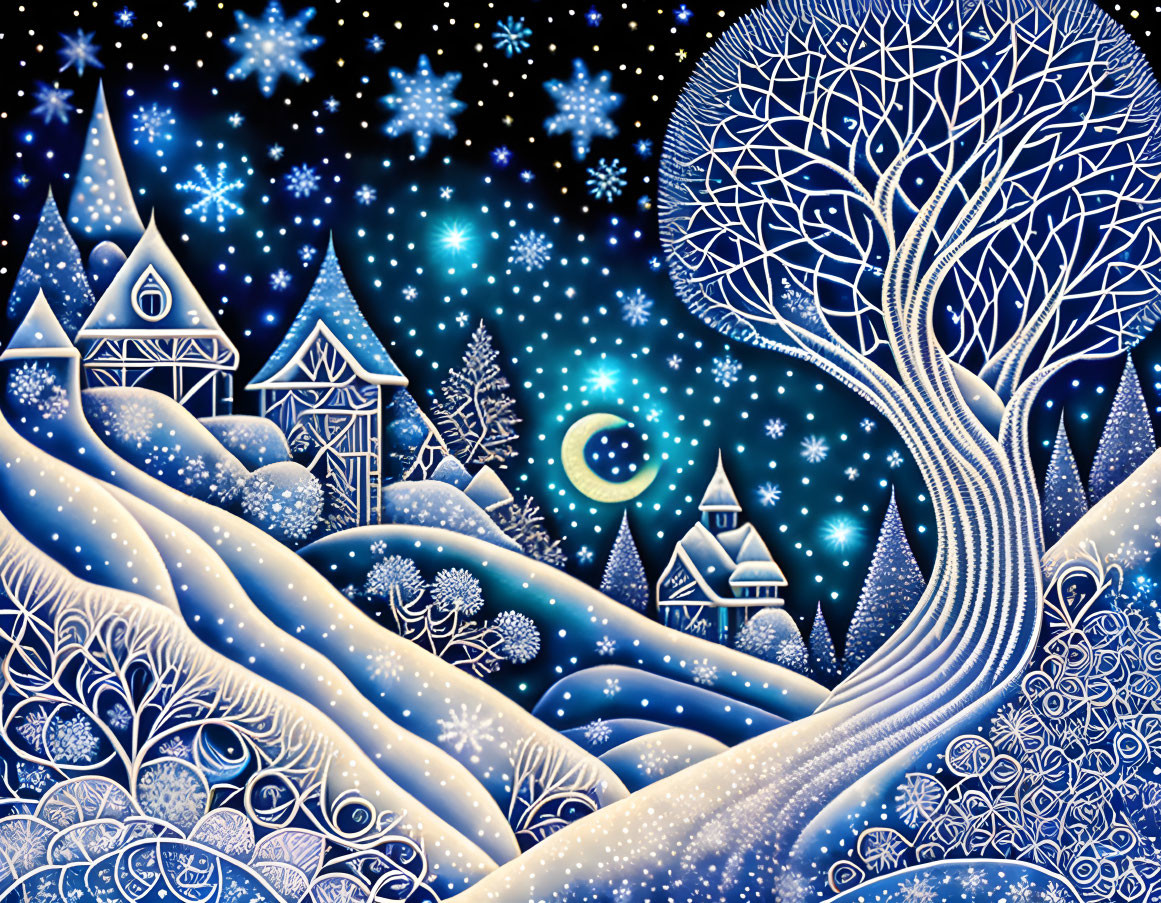 Snow-covered hills and stylized trees in a whimsical winter night scene