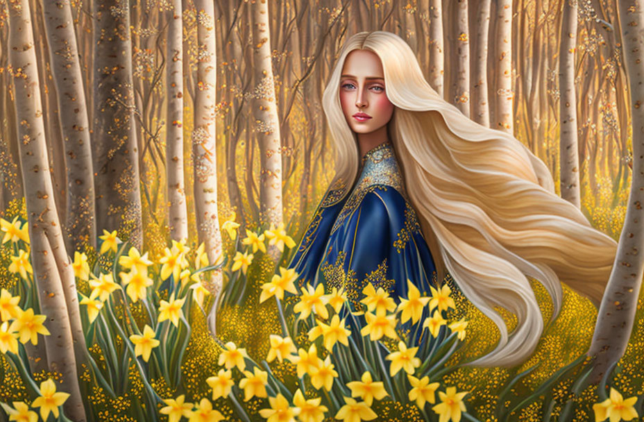 Blond woman in blue dress surrounded by golden flowers in forest