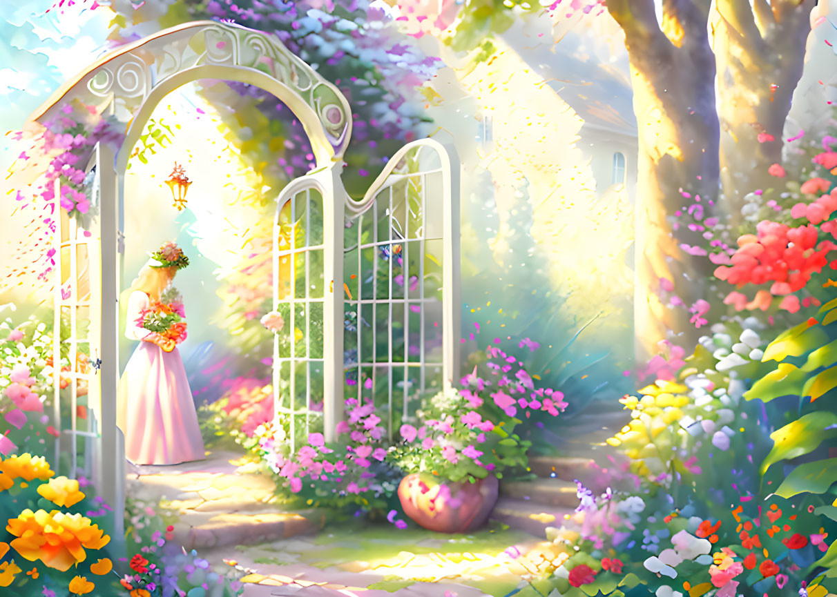 Vibrant flower garden with woman, open gate, sunlight, and whimsical vibe