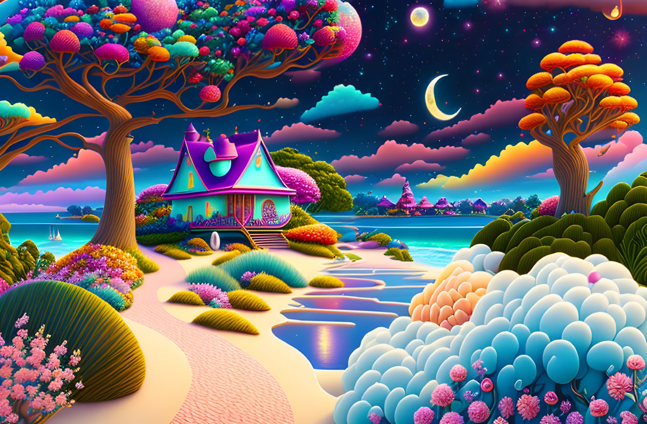 Colorful Trees, Pink House, Starry Sky: Fantasy Landscape with Twilight Beach