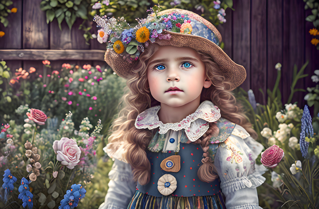 Digital Artwork: Young Girl in Vintage Dress with Blue Eyes and Flower Hat in Garden Setting