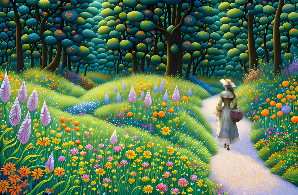 Colorful Stylized Painting of Woman in Whimsical Forest