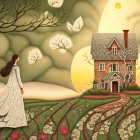 Woman in flowing gown walking to fantastical castle under large moon in vibrant, flower-filled landscape at sunset