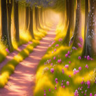 Enchanting forest path with glowing lights and blooming flowers