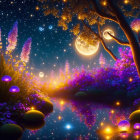 Enchanting nocturnal landscape with glowing flowers, illuminated trees, and dual moons reflected on a tranquil