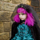 Purple-haired doll in gothic attire with hat on golden backdrop