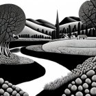 Surreal black and white landscape with stylized trees and rolling hills