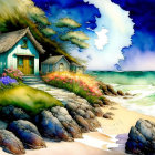 Vibrant seaside cottage illustration with thatched roof and crashing waves