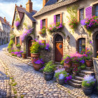 Charming cobblestone street with colorful houses and flowers