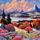 Colorful Fantasy Landscape with Flora, Lake, Trees & Pink Mountains