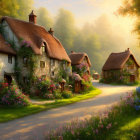 Thatched-Roof Cottages Among Vibrant Flowers at Sunrise