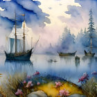 Tranquil lake scene with sailboats, pine trees, flowers, and birds at dusk