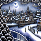 Snow-covered buildings and trees under a glowing moon in a winter night scene.