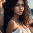 Curly-haired woman in beaded necklace, off-shoulder top by sea at sunset