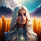 Blonde Woman Portrait in Fantasy Landscape with Wheat Fields and Mountains