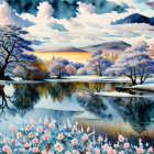 Colorful Landscape with Blossoming Trees Reflecting on Calm Lake