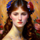 Detailed Painting of Young Woman with Flowers in Hair and Soft Gaze