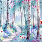 Vibrant forest path watercolor painting with slender trees and colorful blossoms