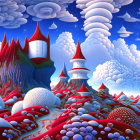 Fantasy landscape with whimsical castles and colorful vegetation