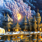 Fantastical golden buildings reflected on serene water in a dreamlike landscape