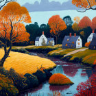 Traditional village scene with autumn trees and river in illustration