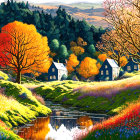 Colorful Landscape Painting: Village, Church, Lake, Sunset