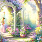 Vibrant flower garden with woman, open gate, sunlight, and whimsical vibe