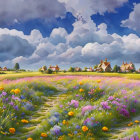 Vibrant flower field painting with cloudy sky and distant village.