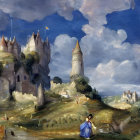 Majestic castle on hill with spires in fantasy landscape