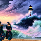 Vintage-dressed women by lighthouse under dramatic sunset with giant wave