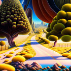 Colorful Digital Artwork: Whimsical Landscape with Stylized Trees, Road, Castle,