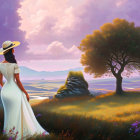 Woman in white dress and hat admires vibrant, fantastical landscape with colorful flora and floating islands.